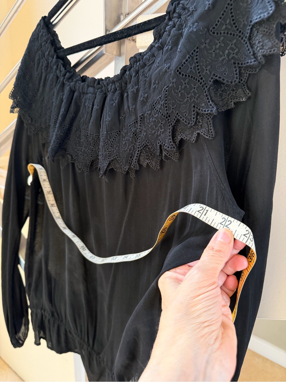 Vintage Ghost Black Off-Shoulder Lace Trim Sheer Blouse - Picture 6 of 12